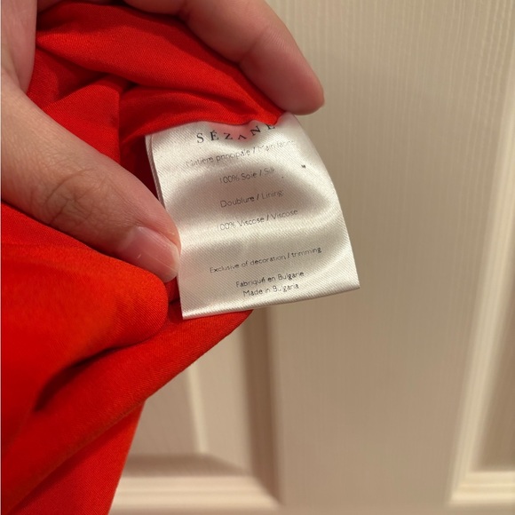 SEZANE Red 100% Silk Daisy Print Wrap Dress Size 40 Small Faux Wrap Style Midi - Picture 8 of 8